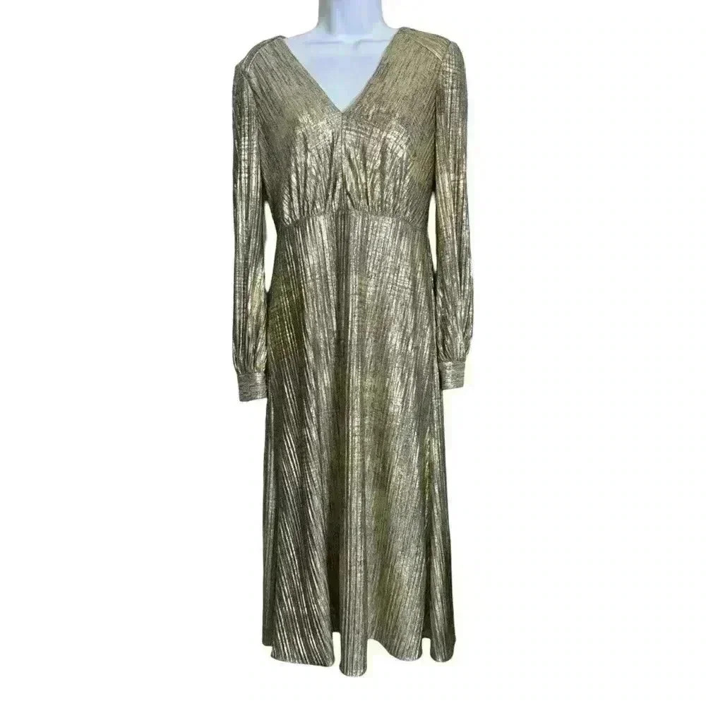 Badgley Mischka Gold Pleated Dress Size 0 Wedding Guest Gala Party Gown - Picture 3 of 14